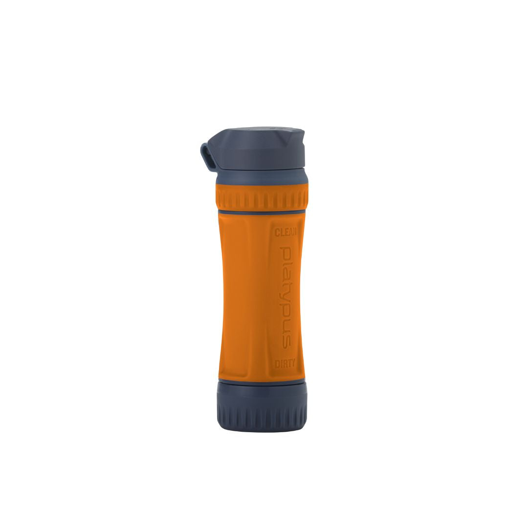 Platypus quickdraw filter orange water filter bottle front view clean dirty labeled.