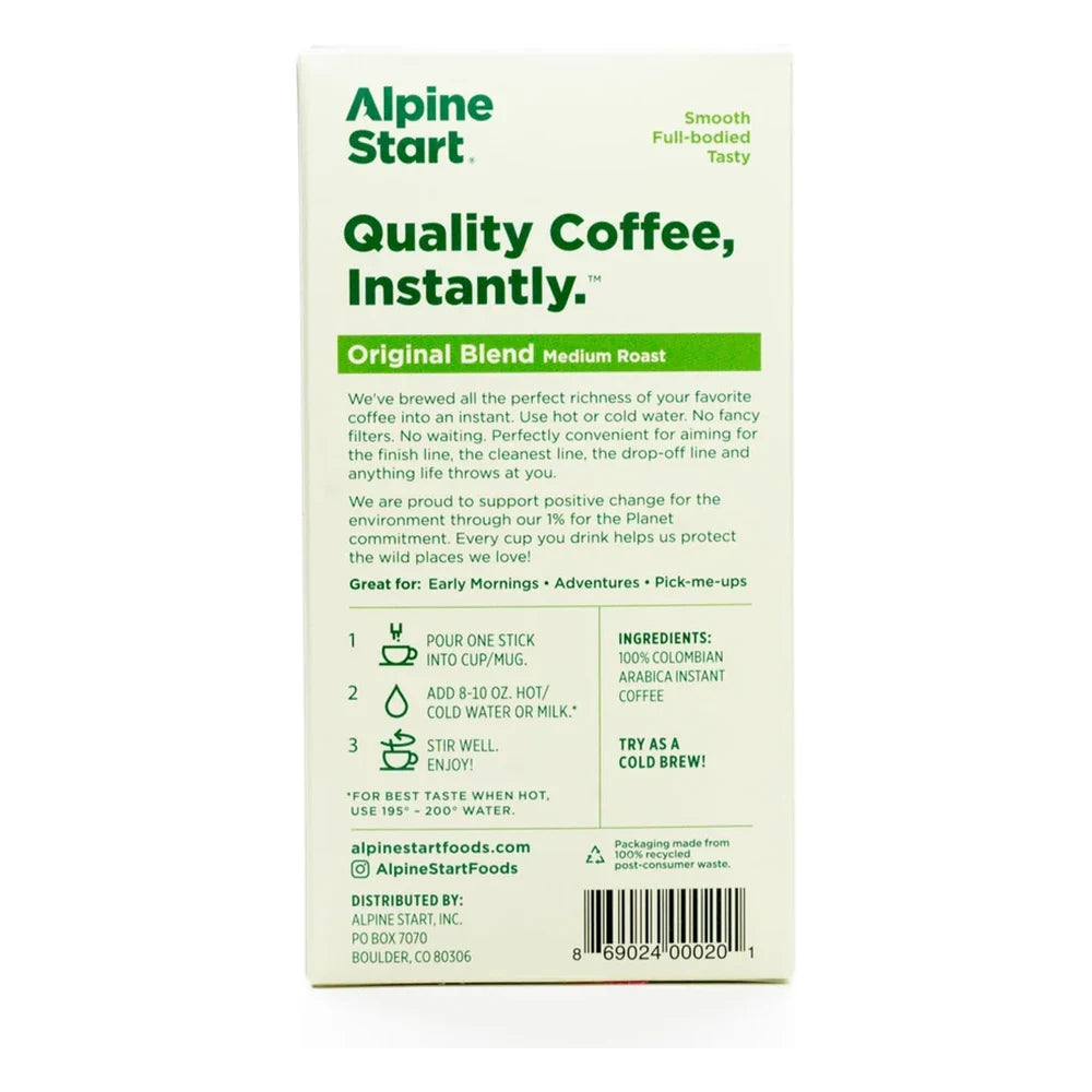 Alpine Start Original Blend Medium Roast instant coffee box back on white background showing Quality Coffee Instantly tagline, 3-step brewing instructions, 100% Colombian Arabica instant coffee ingredients, and barcode
