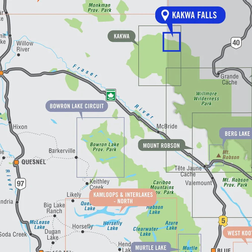 Backroad Maps Kakwa Falls Kakwa Wildland Provincial Park Alberta destination map regional overview map showing terrain, trails, waterfalls and backcountry access routes.