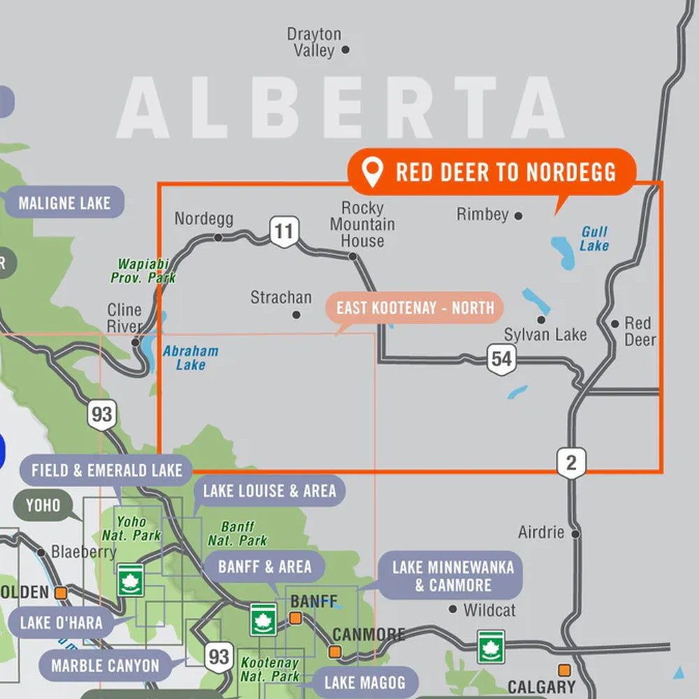 Backroad Maps Red Deer to Nordegg Alberta destination map regional overview map showing highways, terrain, recreation areas and travel routes.