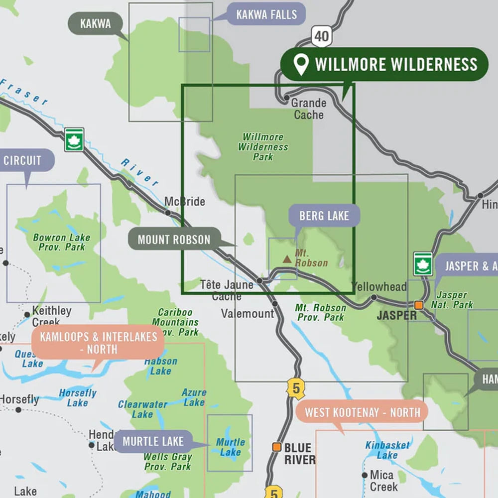 Backroad Maps Willmore Wilderness Provincial Park Alberta park map regional overview map showing backcountry trails, terrain, rivers and wilderness recreation areas.