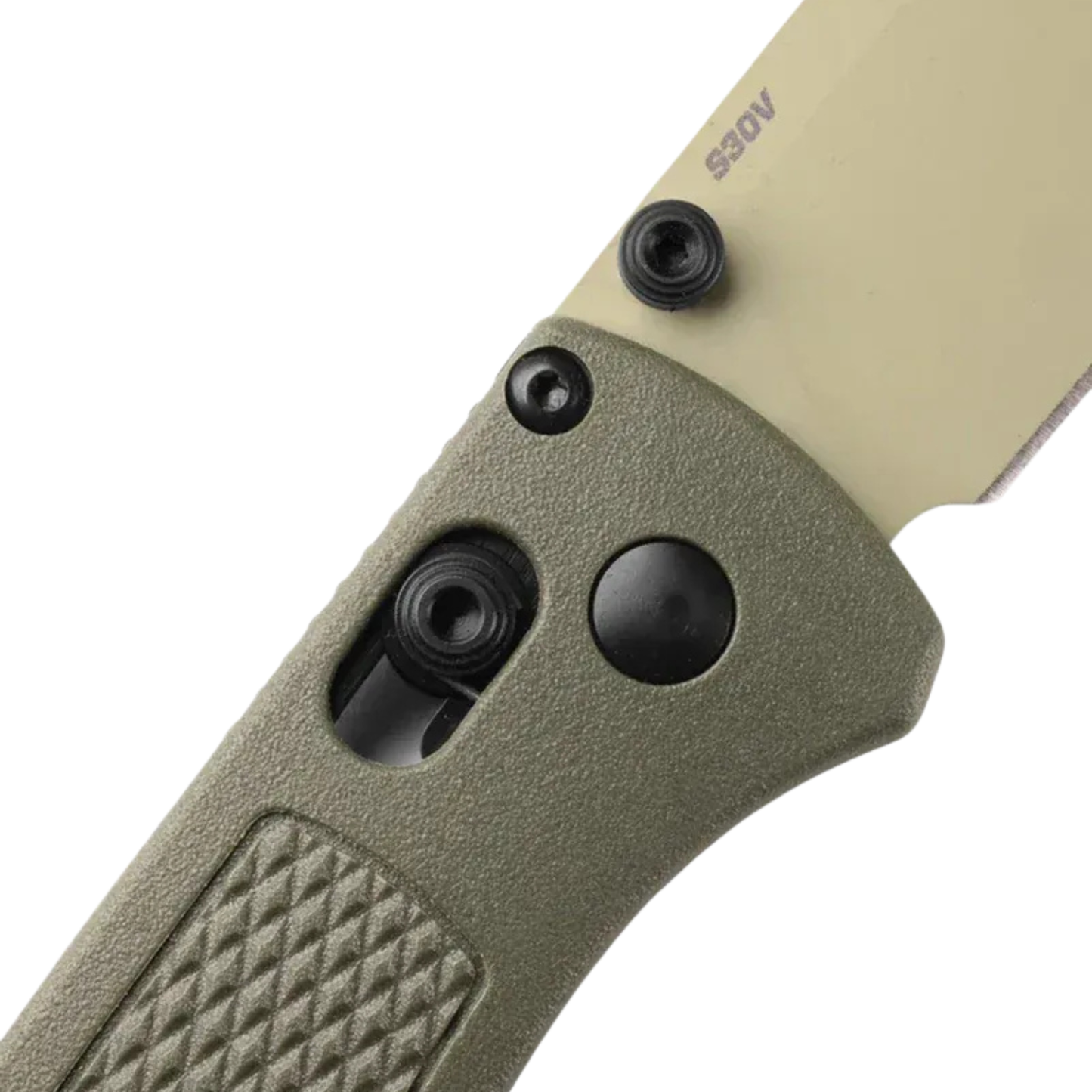 Benchmade Bugout dark olive drop-point knife pivot and lock detail