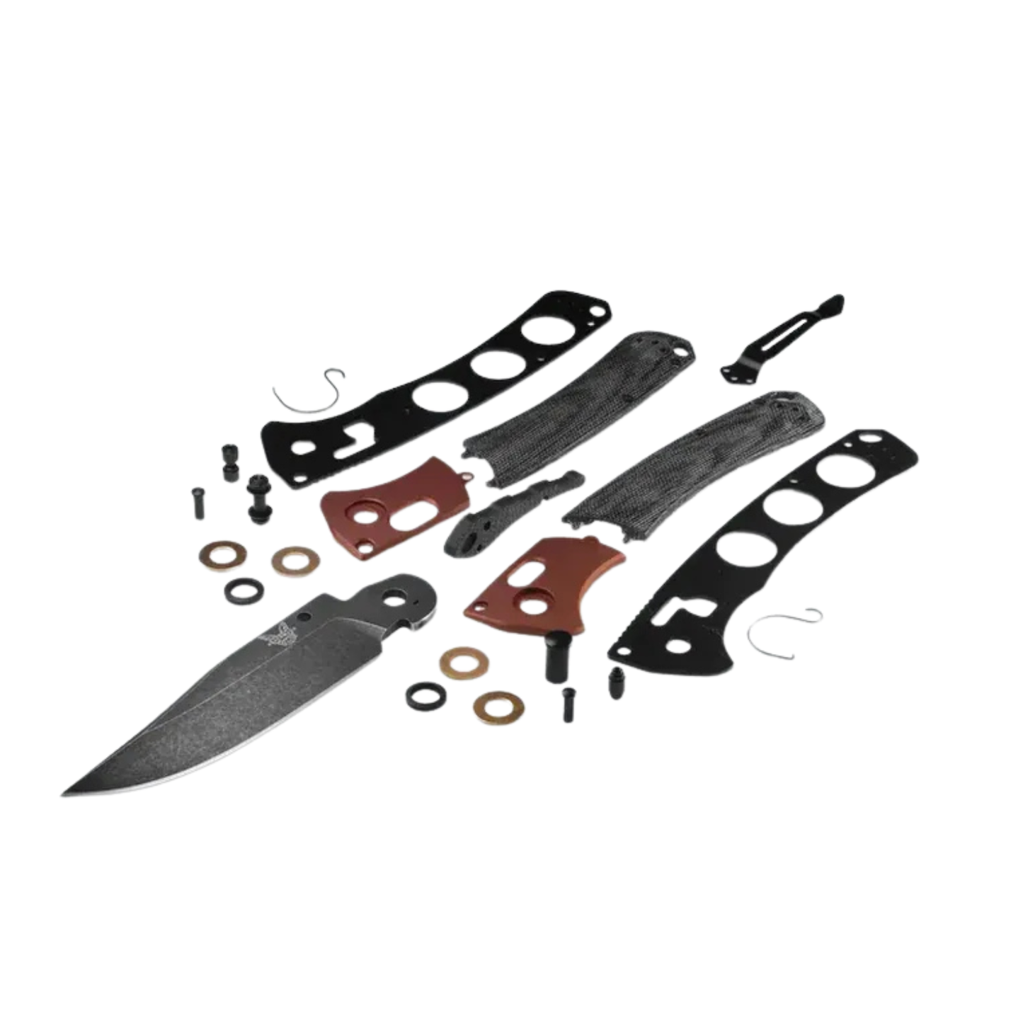 Benchmade Crooked River clip-point knife disassembled view with blade, liners, hardware, and handle components