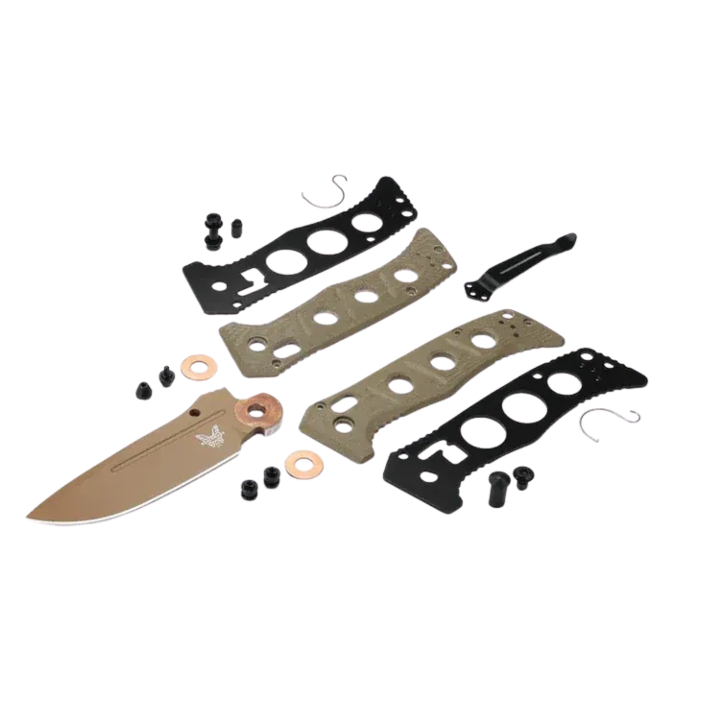 Benchmade Mini Adamas OD Green drop-point knife exploded view showing internal components and hardware