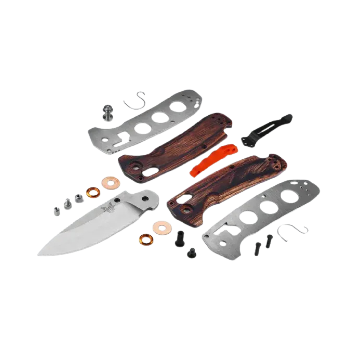 Benchmade North Fork drop-point knife disassembled view with stabilized wood handles and internal components