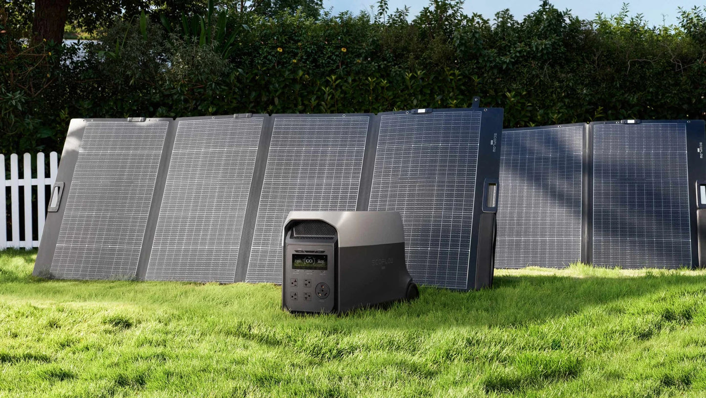EcoFlow Delta 3 Ultra Portable Power Station being charged by solar panels in an outdoor setup