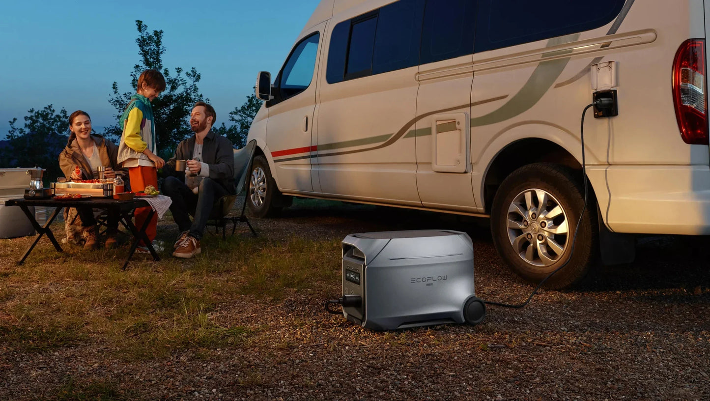 EcoFlow Delta 3 Ultra Plus Portable Power Station powering an RV during outdoor family camping at dusk