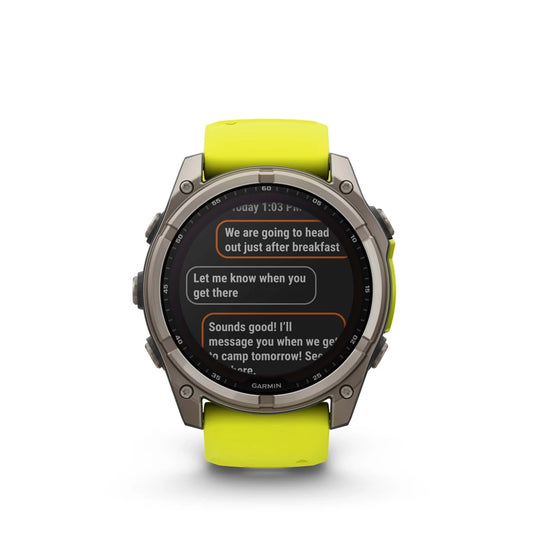 Garmin fēnix 8 Solar smartwatch displaying text messages and smart notifications on rugged AMOLED screen