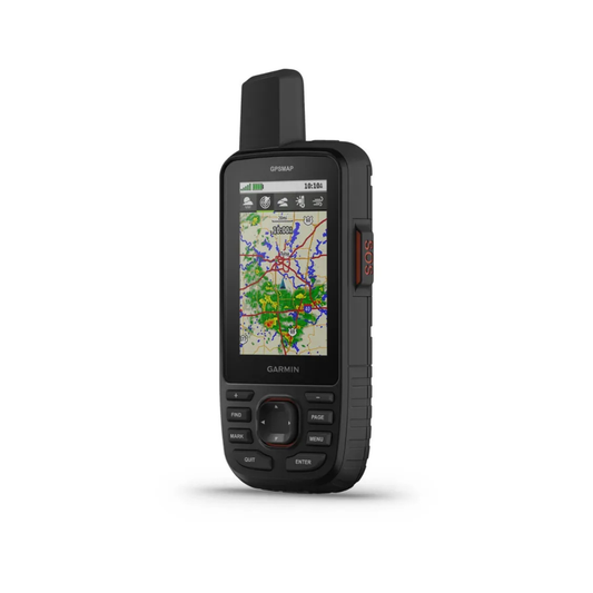Garmin GPSMAP 67i showing navigation map with visible SOS emergency button on side