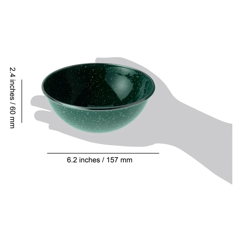 GSI Outdoors green speckle enamel mixing bowl with size reference showing dimensions of 6.2 inches wide by 2.4 inches deep (157 x 60 mm) against hand silhouette