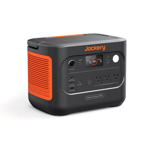 Angled view of Jackery 1500 V2 portable power station showing side vents ports and top handle