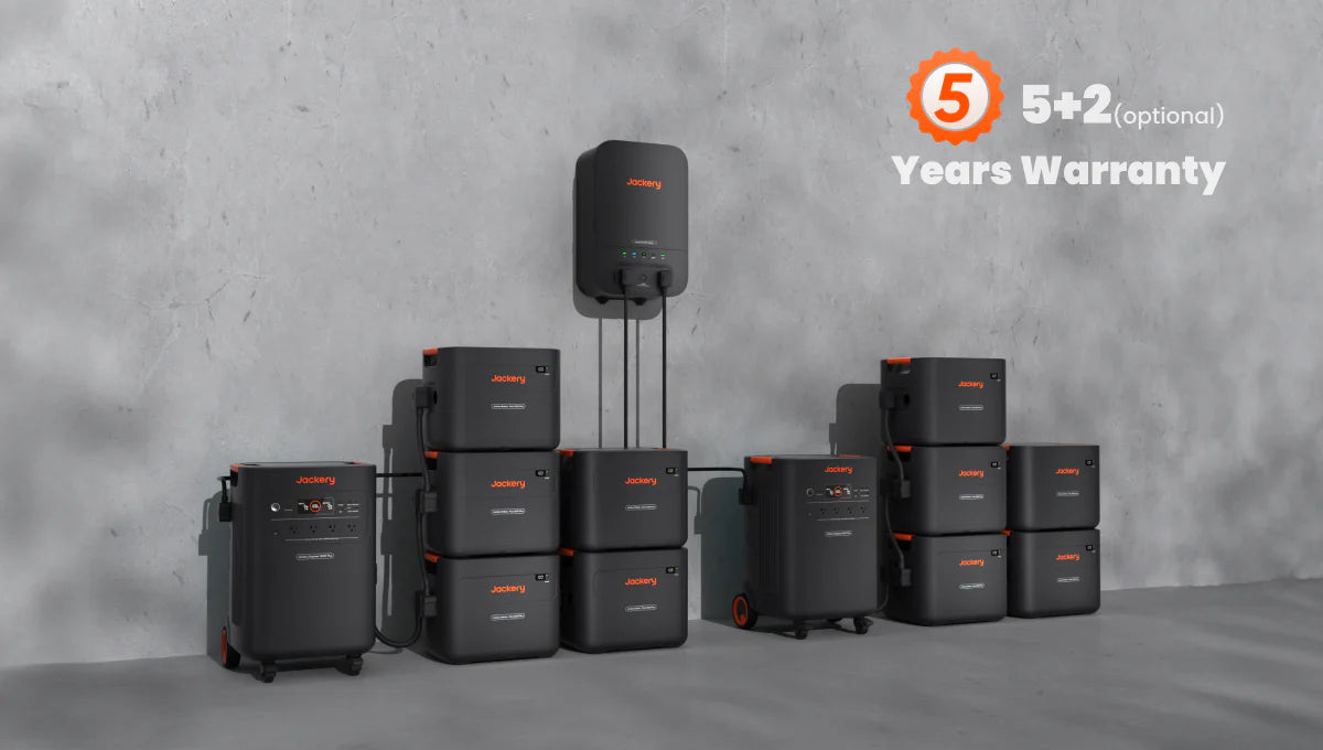Jackery Battery Pack 5000 Plus system setup with 5 plus 2 year warranty for peace of mind.