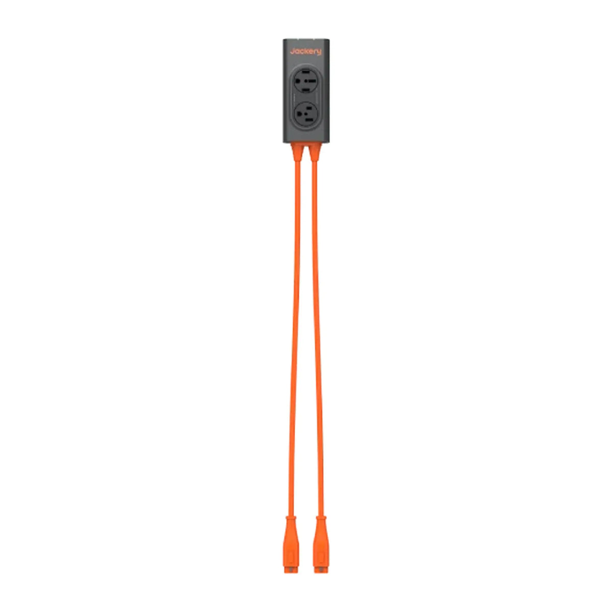 Jackery Connector with dual AC outlets and two orange cables, shown on a white background