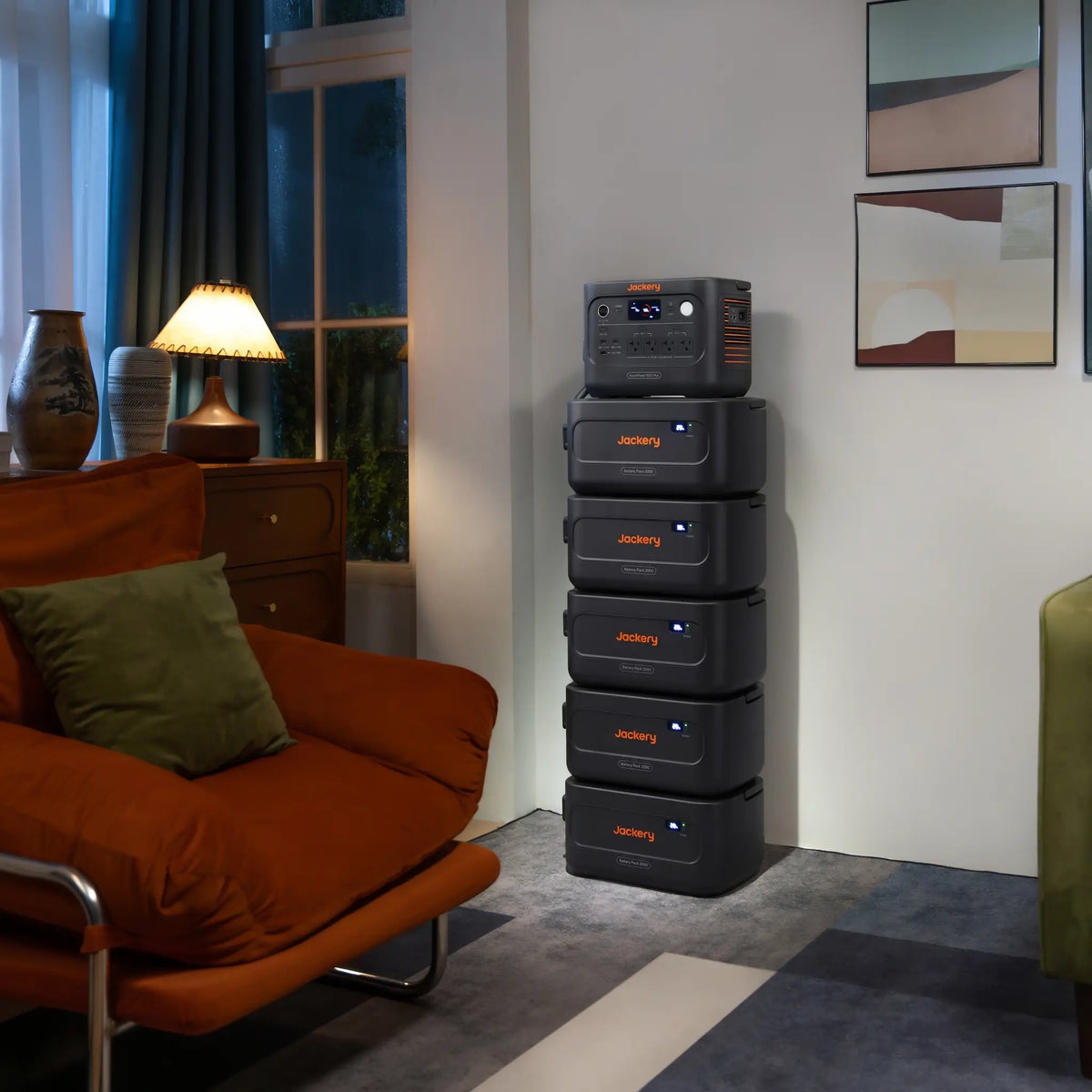 Jackery HomePower 1000 Plus with stacked battery packs in a living room