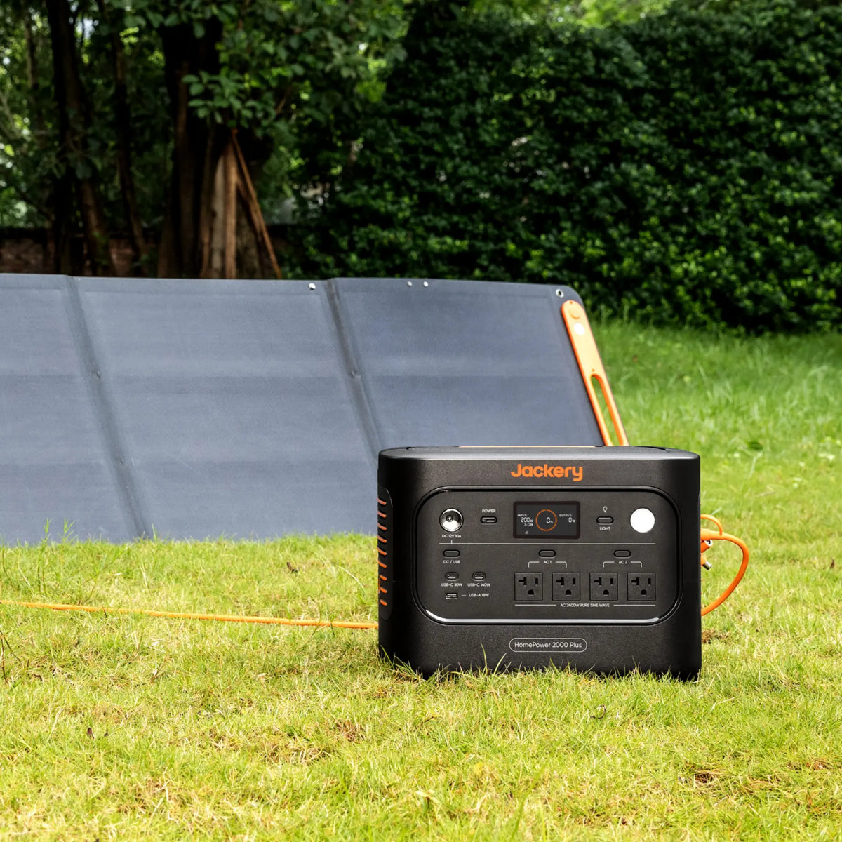 Jackery HomePower 2000 Plus charging from a solar panel outdoors