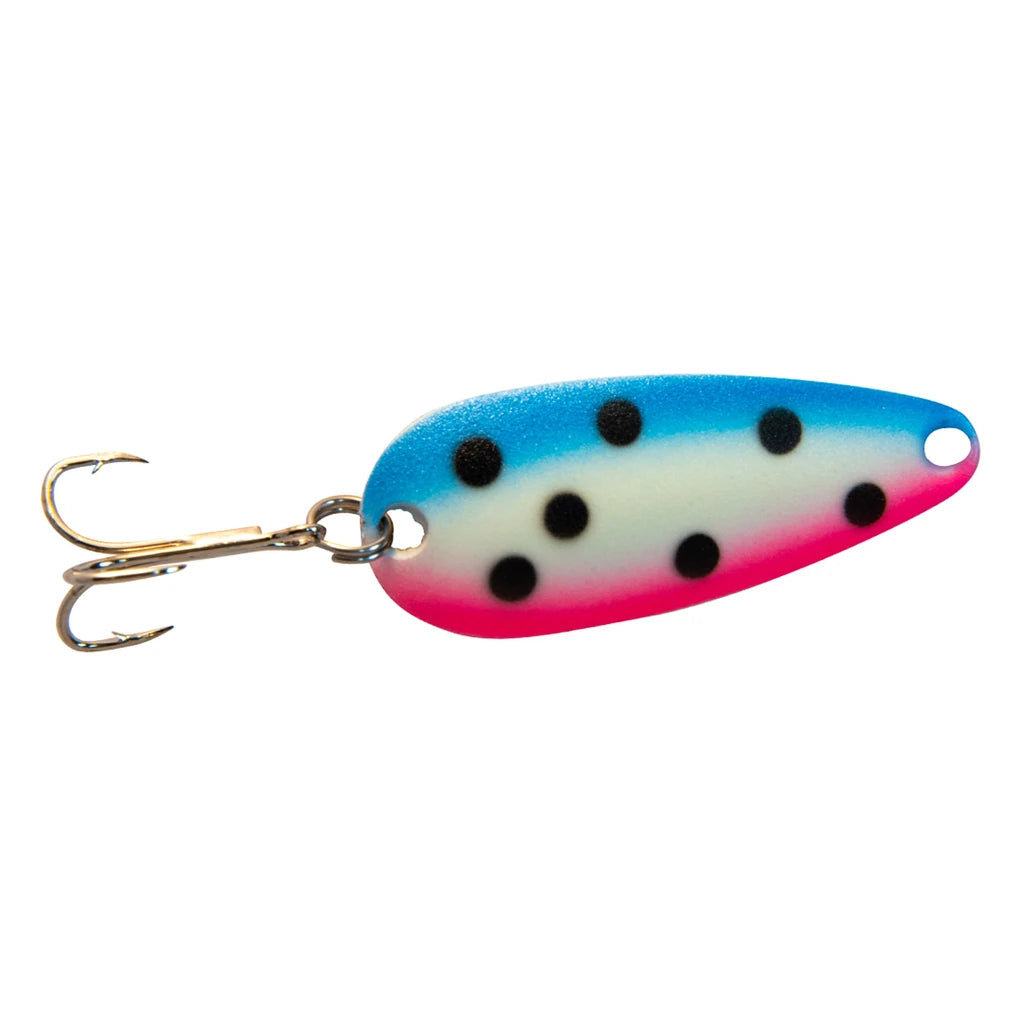 Len Thompson glow spoon fishing lure in blue, glow and pink rainbow pattern with black dots