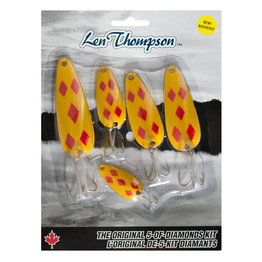 Len Thompson Original 5-of-Diamonds Kit with 5 yellow spoon fishing lures with red diamond pattern