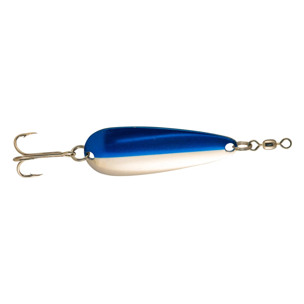 Len Thompson spoon fishing lure in blue and white and nickel treble hook