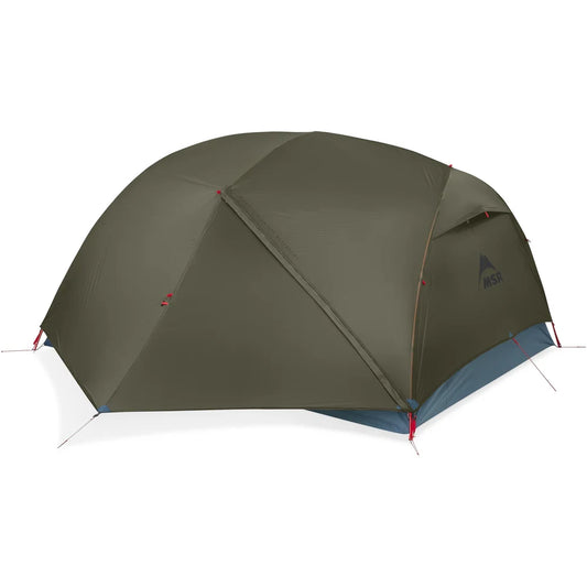 MSR Hubba Hubba HD 3-Person Backpacking Tent with olive green rainfly fully closed showing weatherproof dome design and MSR logo