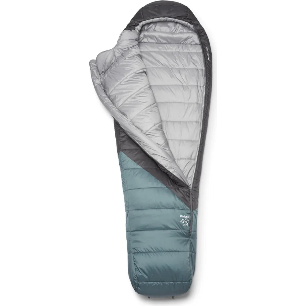 Rab Radeon -6°C sleeping bag open view showing inner lining insulation hood and zip design