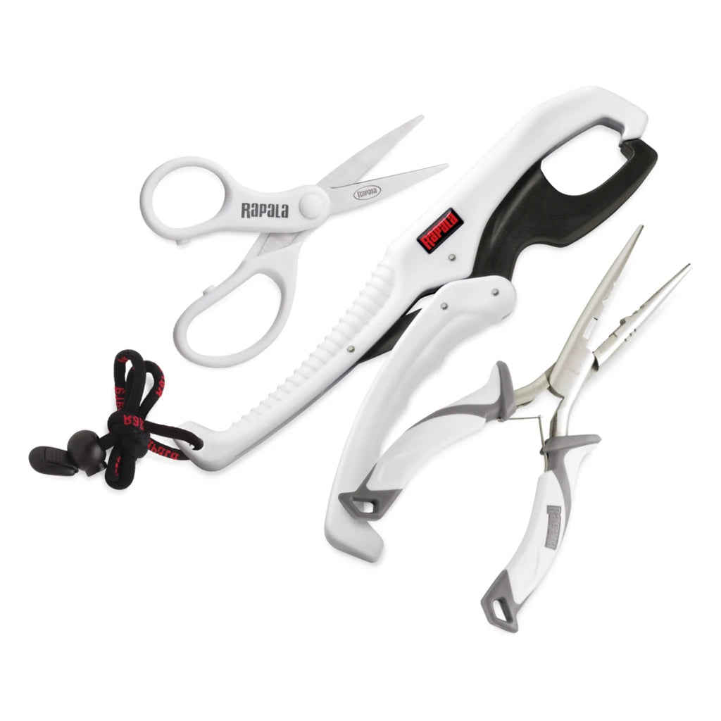 Rapala Angler’s Tool Combo with white fishing pliers, scissors and fish gripper with lanyard