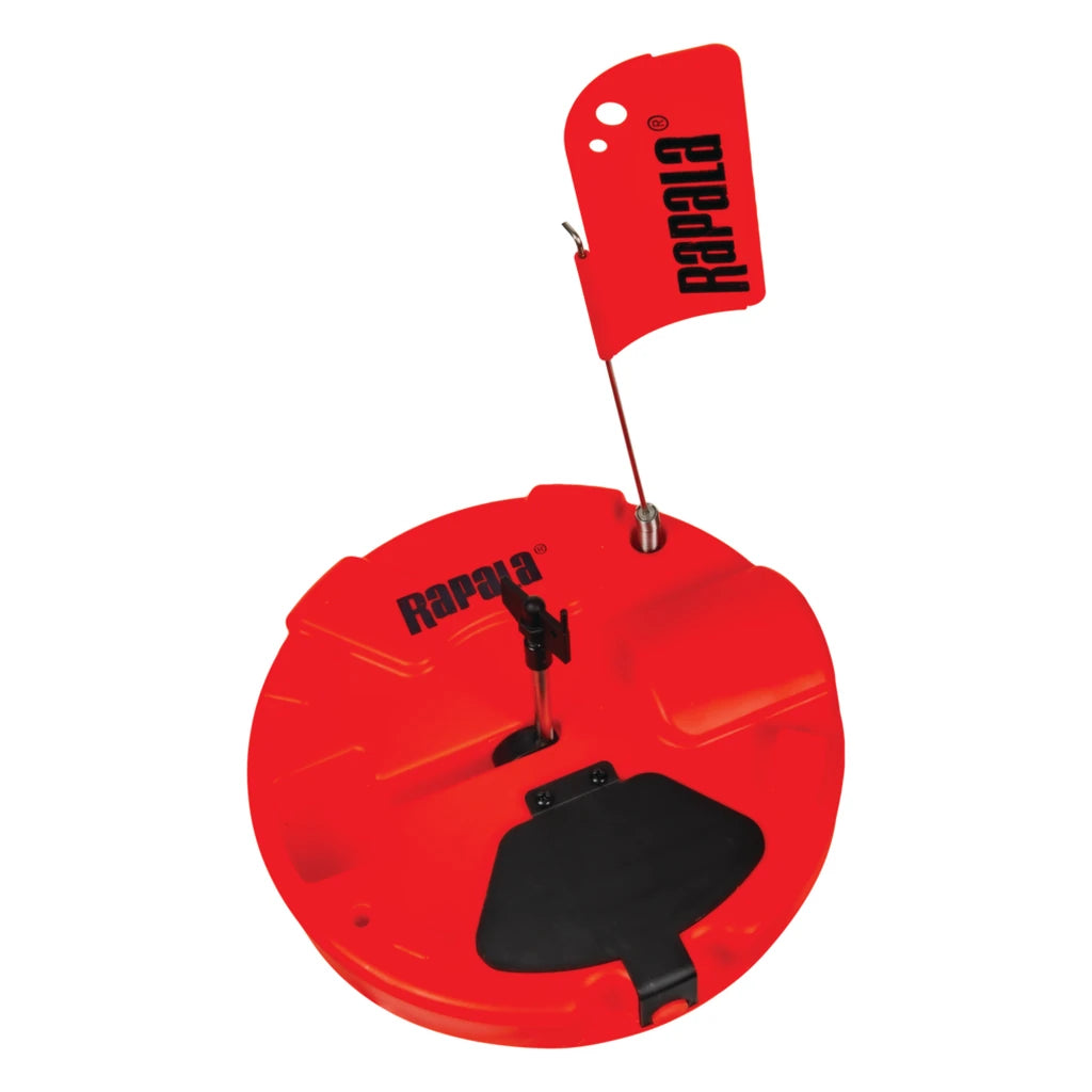 Rapala thermal tip-up ice fishing trap in red with spring flag, black hole cover and Rapala logo