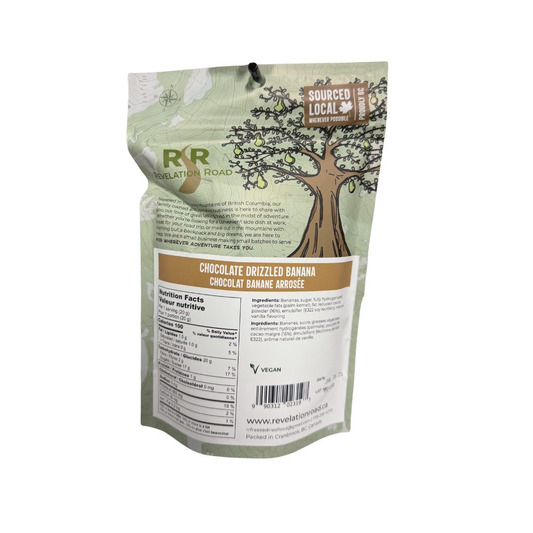 Revelation Road chocolate drizzled banana freeze dried fruit back showing nutrition facts