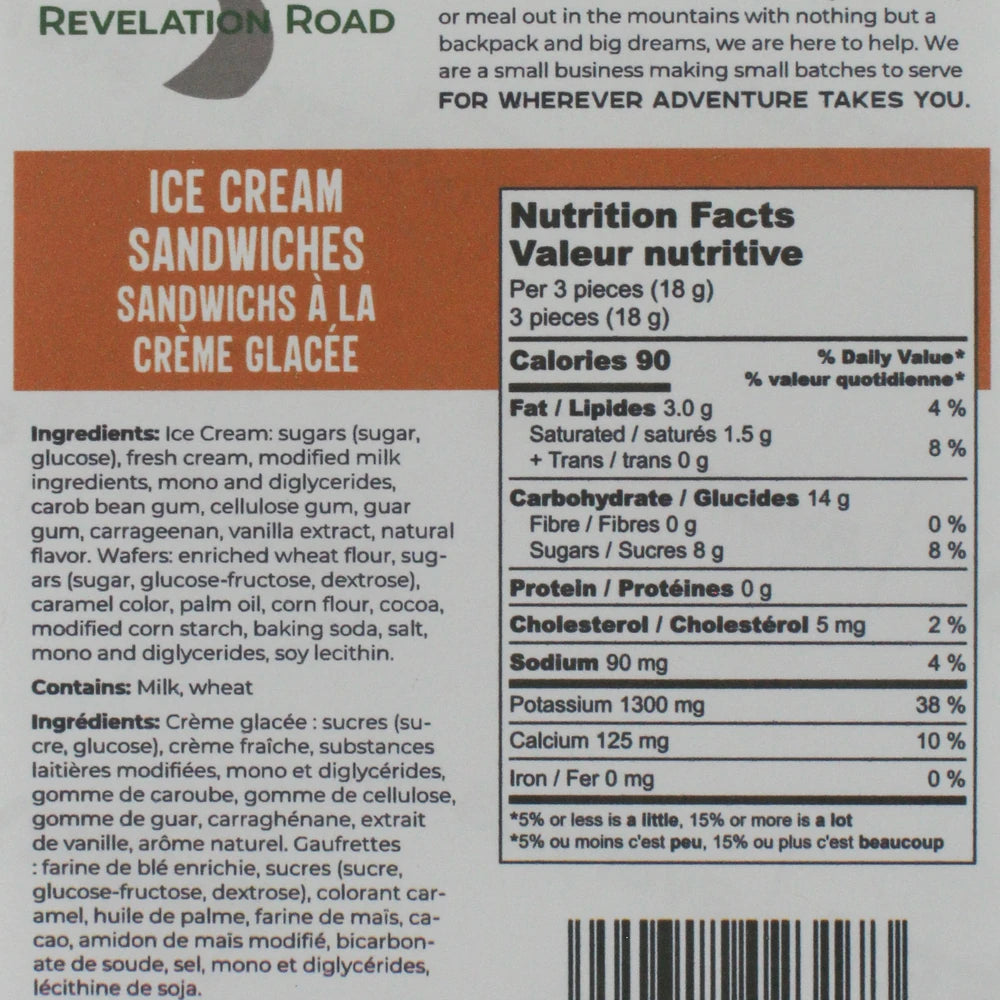 Revelation Road freeze dried vanilla ice cream sandwiches in resealable pouch showing bite size chocolate wafer sandwich pieces with Canadian maple leaf label