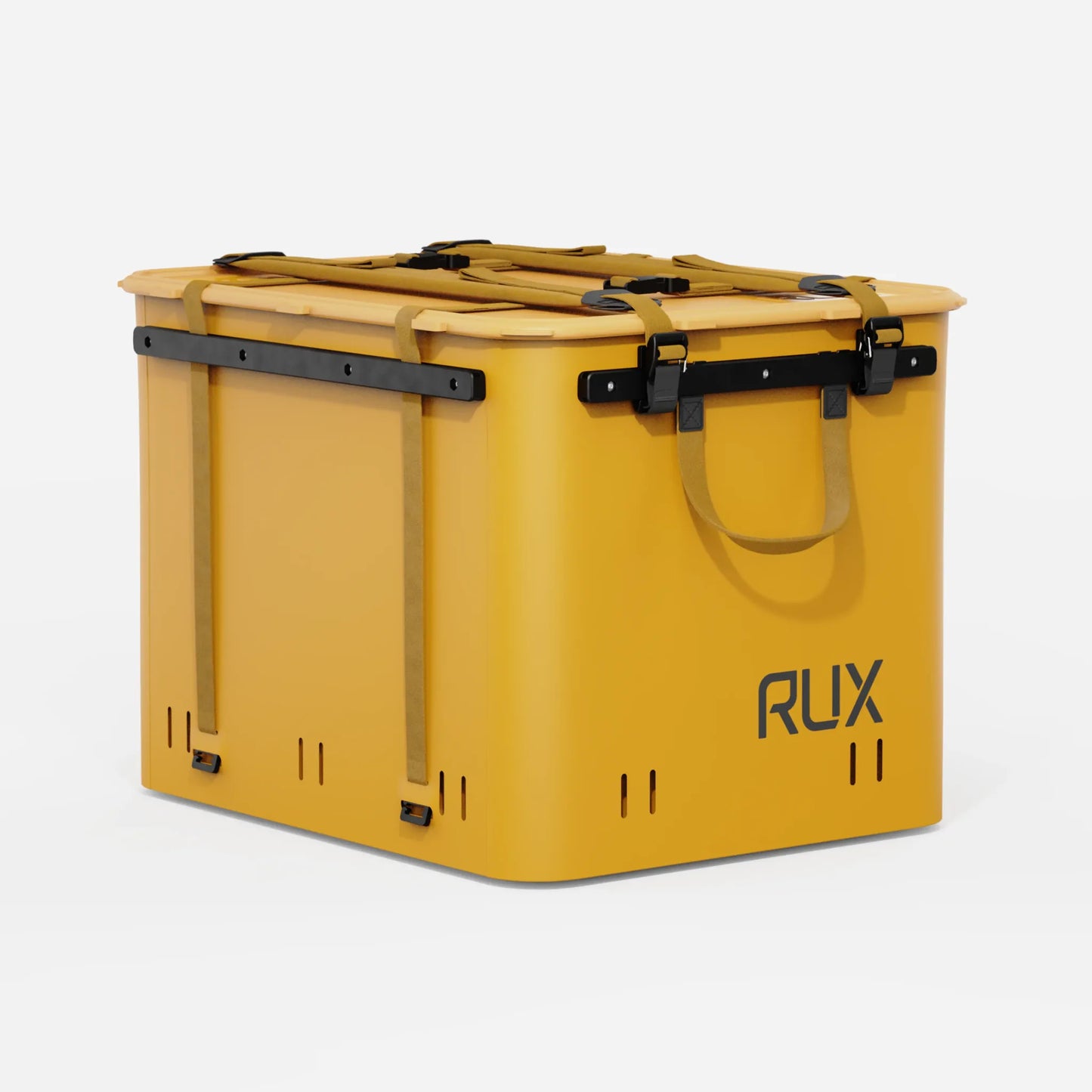Rux 70L Press-Seal bronze storage container rear angled view showing side straps, reinforced black rails, and hard-sided gear storage design.