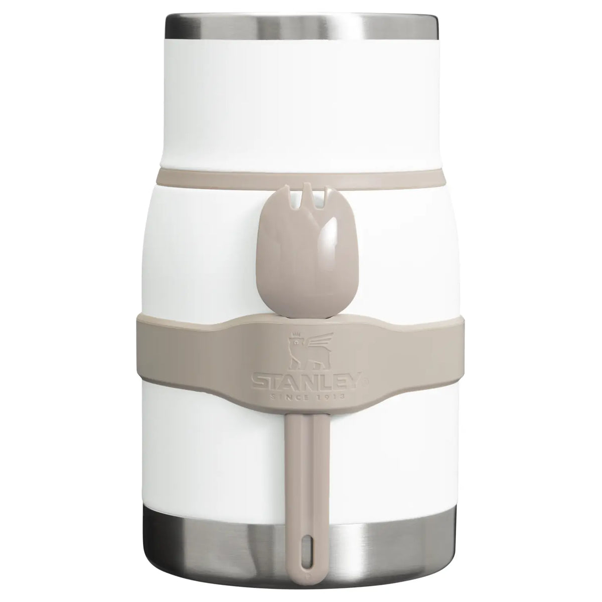 Stanley Adventure To-Go Food Jar with Spork 24 OZ in Frost, front view with the spork tucked into the silicone band