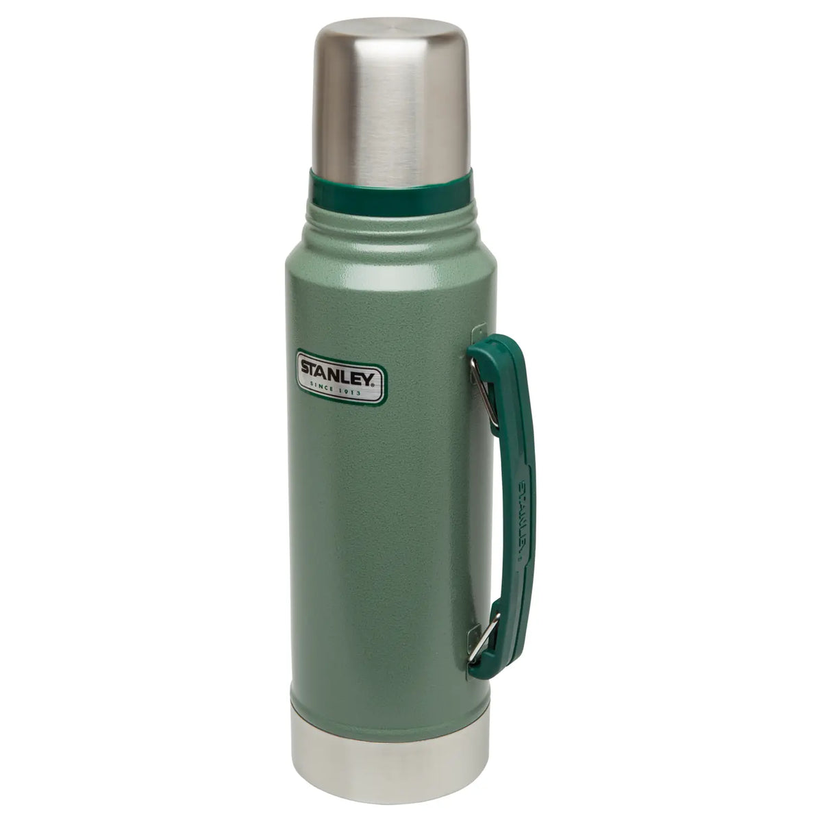 Stanley Classic Legendary Bottle 1.1 QT in Hammertone Green, angled view showing the steel cap and green handle