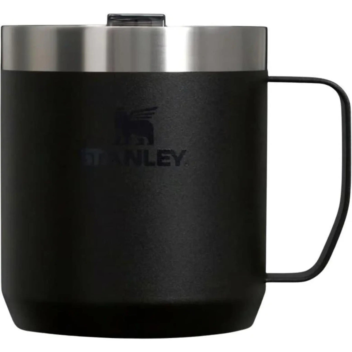Stanley Everyday Camp Mug 12 oz in matte black with stainless steel rim and flip lid