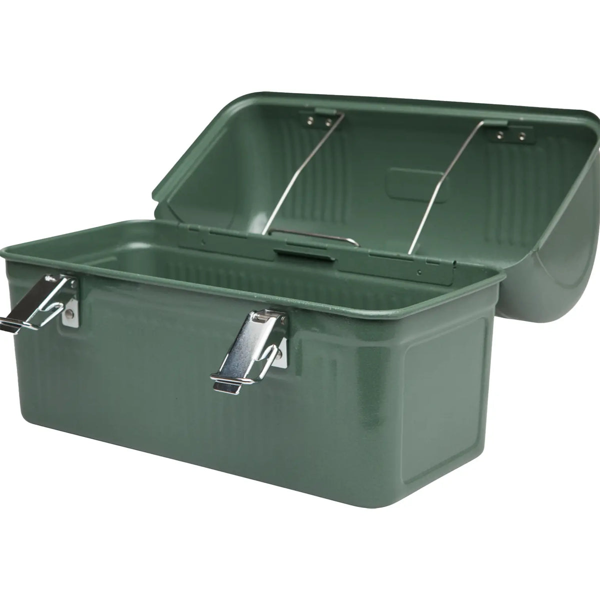 Stanley Legendary Classic Lunch Box 10 QT with lid open, showing the steel interior and wire lid supports