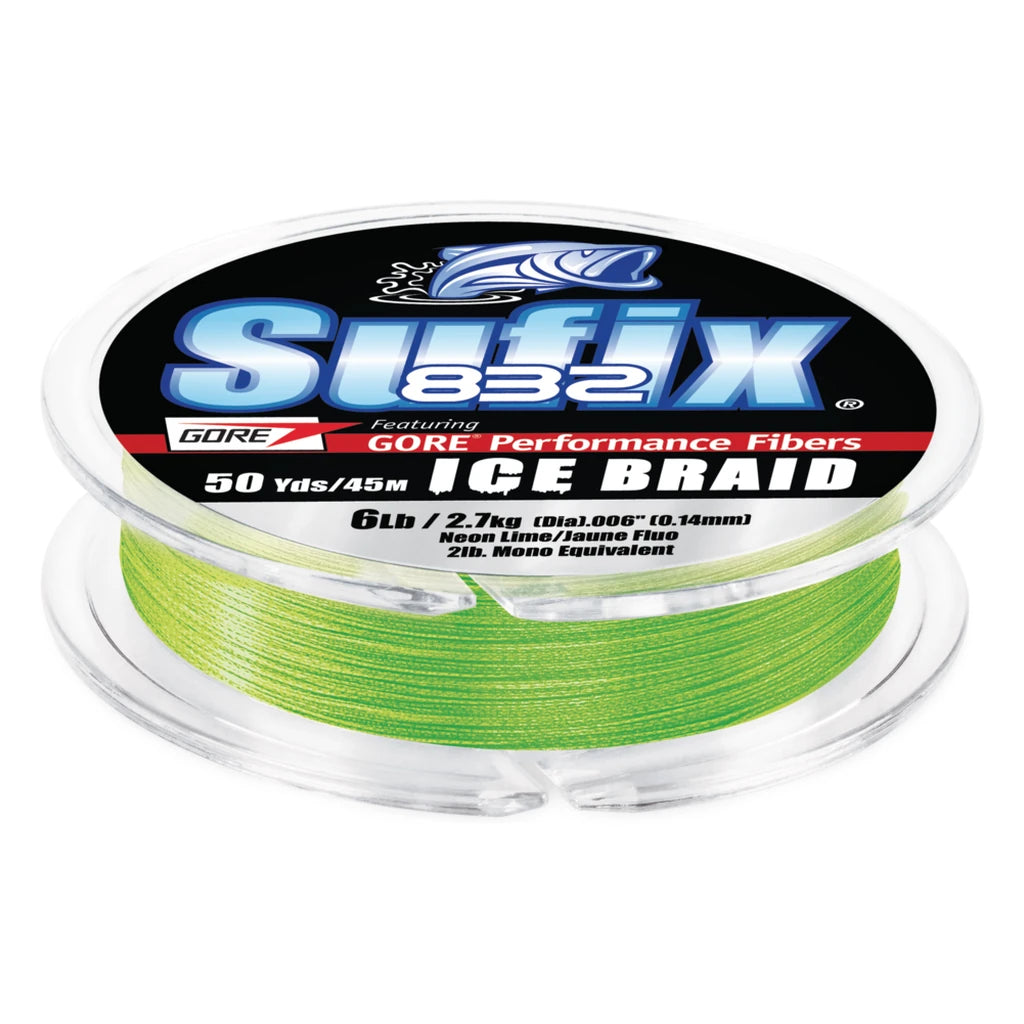 Sufix 832 Ice Braid fishing line spool, 50 yds 6 lb neon green, with Gore performance fibers