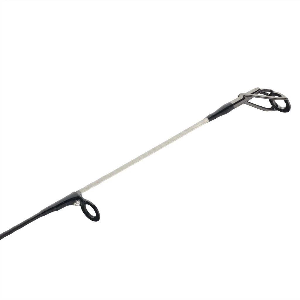 Ugly Stik GX2 ice spinning rod tip close-up with white tip section and black line guides