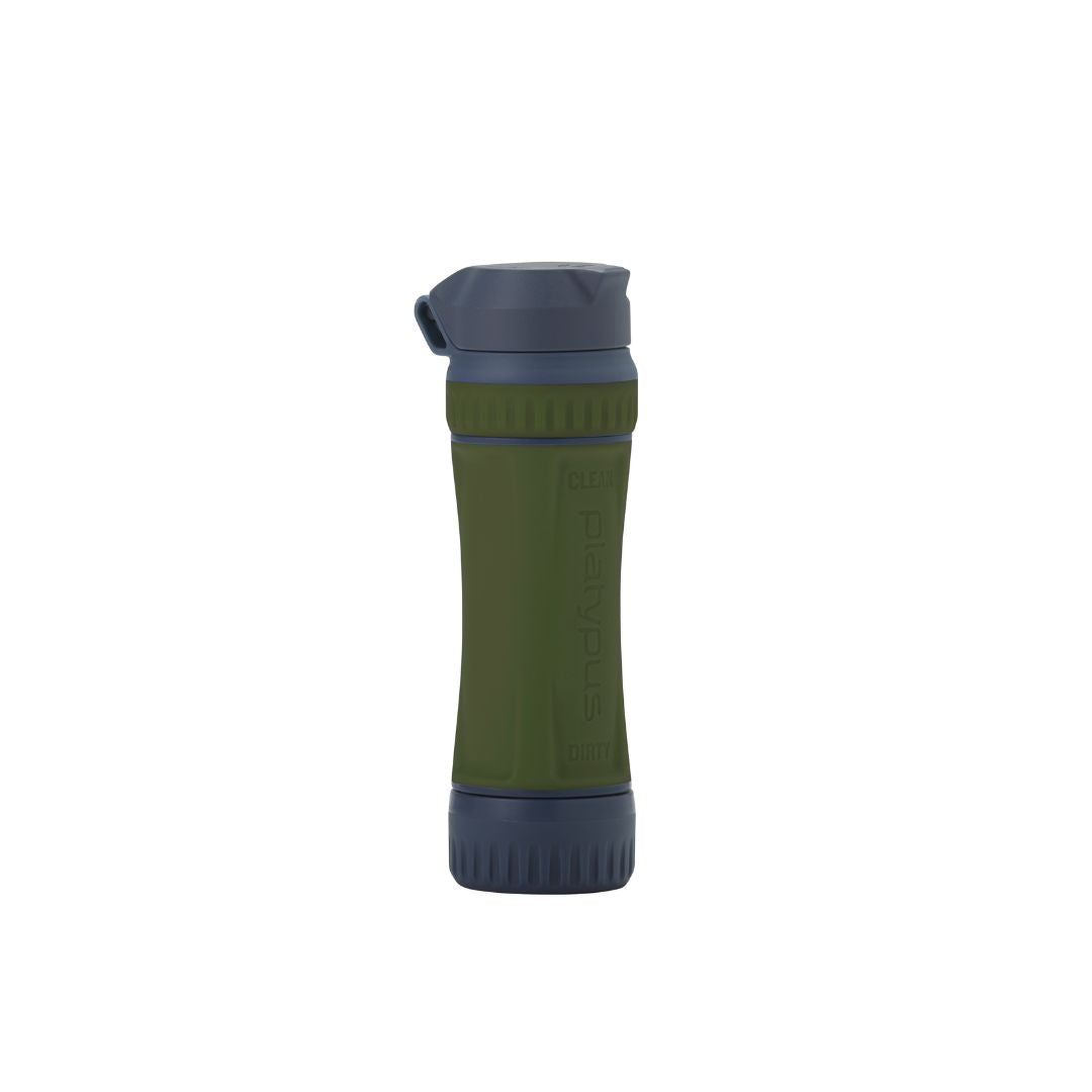 Platypus quickdraw filter green water filter bottle front view clean dirty labeled.
