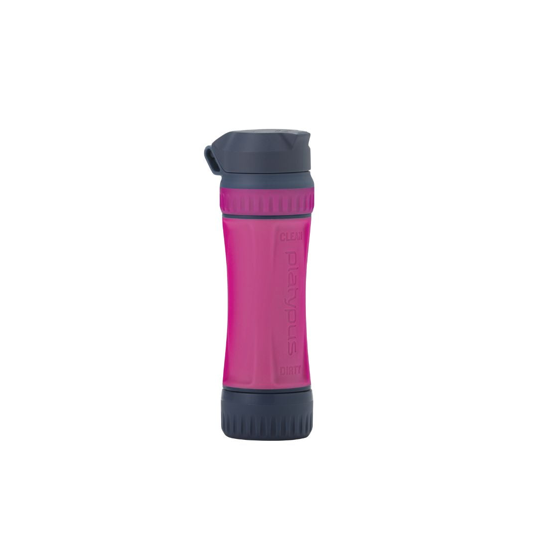 Platypus quickdraw filter pink water filter bottle front view clean dirty labeled.