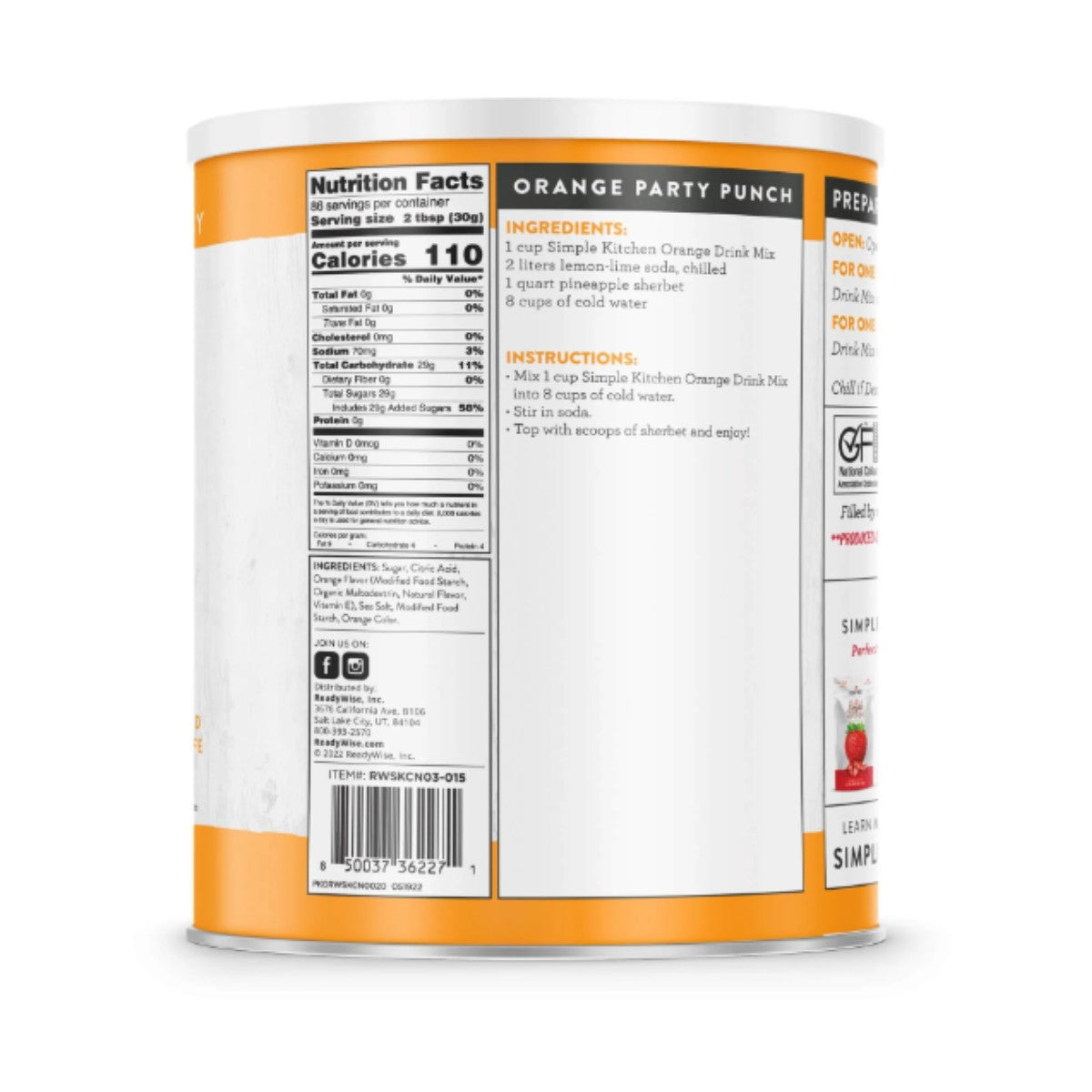ReadyWise Simple Kitchen Orange Drink Mix 86 Serving Can