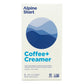 Alpine Start Coffee + Creamer 5-pack box front on white background showing blue mountain landscape logo, Coffee+ Creamer in blue text, 100% High Altitude Arabica Instant Coffee Blended with Non-Dairy Coconut Creamer, Vegan and Soy Free, Non-GMO Verified and 1% for the Planet certifications