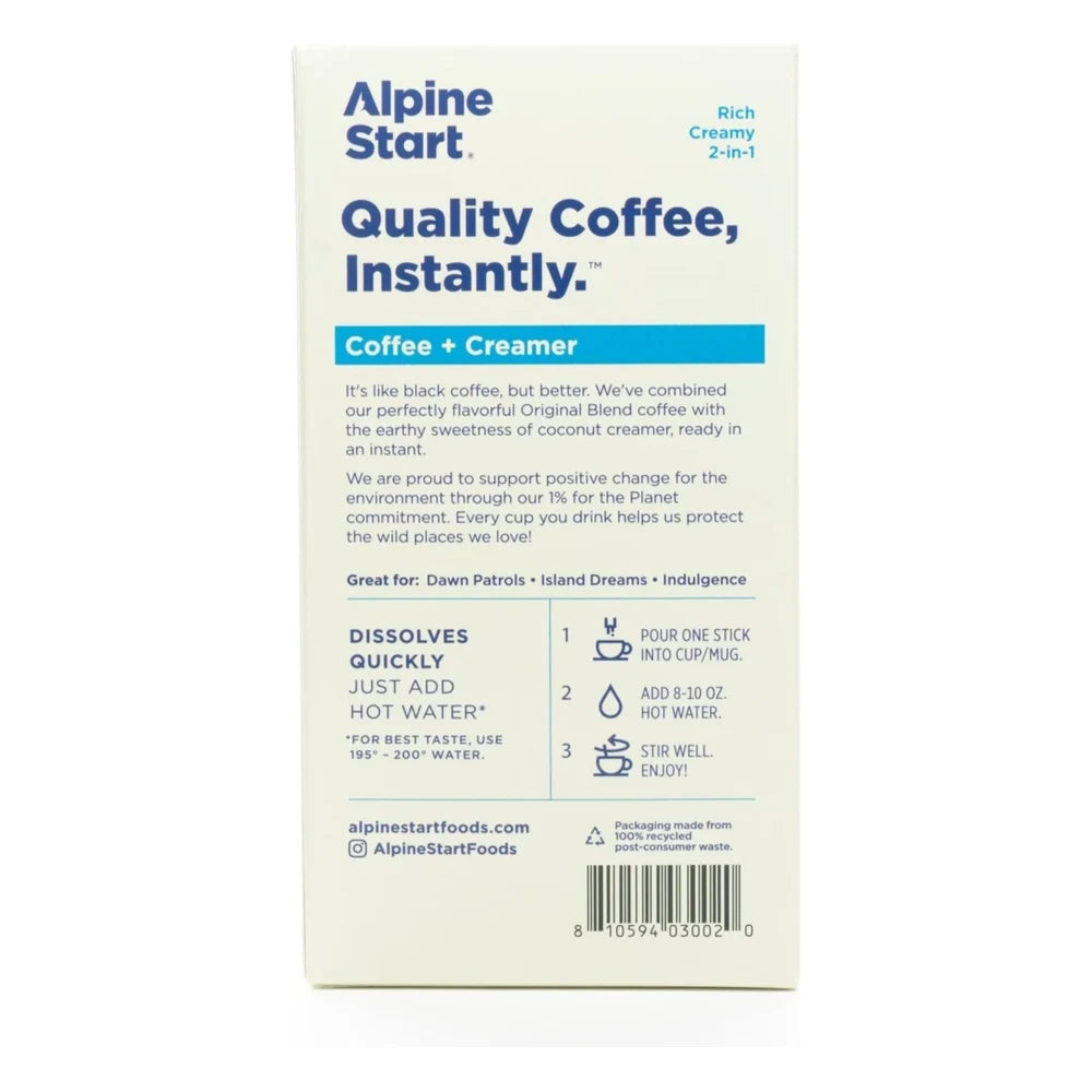 Alpine Start Coffee + Creamer box back on white background showing Quality Coffee Instantly tagline, Coffee + Creamer product description with coconut creamer detail, 3-step brew instructions, and barcode