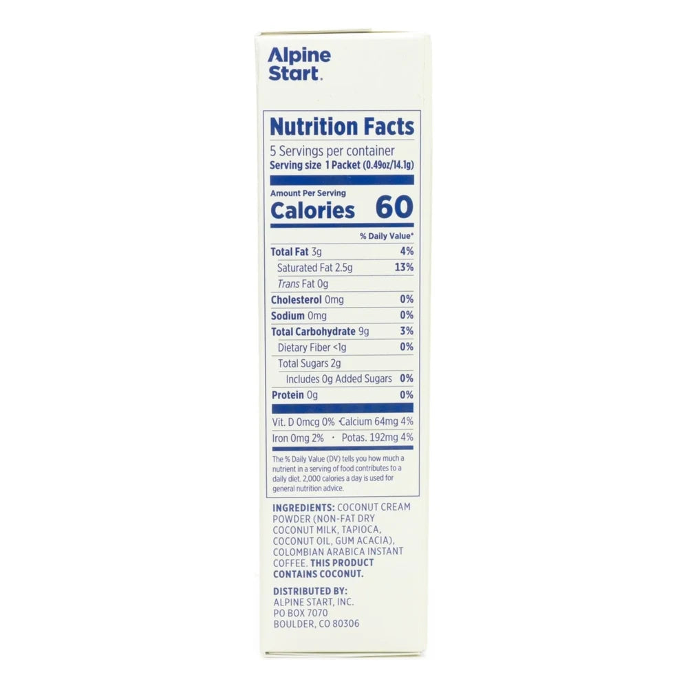 Alpine Start Coffee + Creamer box side panel on white background showing Nutrition Facts label with 60 calories per serving, 5 servings per container, and ingredients including coconut cream powder and Colombian Arabica instant coffee