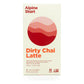 Alpine Start Dirty Chai Latte 5-pack box front on white background showing red-pink mountain landscape logo, Dirty Chai Latte in orange text, 100% High Altitude Arabica Instant Coffee Blended with Traditional Chai Spices Black Tea and Soy Milk, Vegan and Dairy Free, Non-GMO Verified and 1% for the Planet certifications