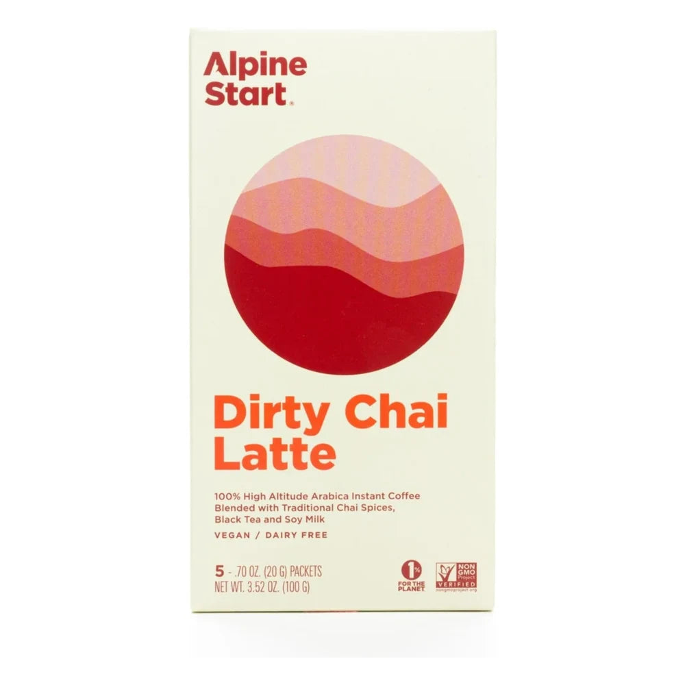 Alpine Start Dirty Chai Latte 5-pack box front on white background showing red-pink mountain landscape logo, Dirty Chai Latte in orange text, 100% High Altitude Arabica Instant Coffee Blended with Traditional Chai Spices Black Tea and Soy Milk, Vegan and Dairy Free, Non-GMO Verified and 1% for the Planet certifications