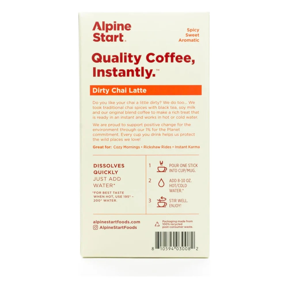 Alpine Start Dirty Chai Latte box back on white background showing Quality Coffee Instantly tagline, Dirty Chai Latte product description with chai spices and soy milk detail, 3-step brew instructions for hot or cold water, and barcode