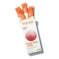 Alpine Start Dirty Chai Latte single cream and orange stick packet open and tilted with loose chai-coffee powder spilling out on white background, showing Dirty Chai Latte and Coffee Blended with Chai Tea and Soy Milk branding