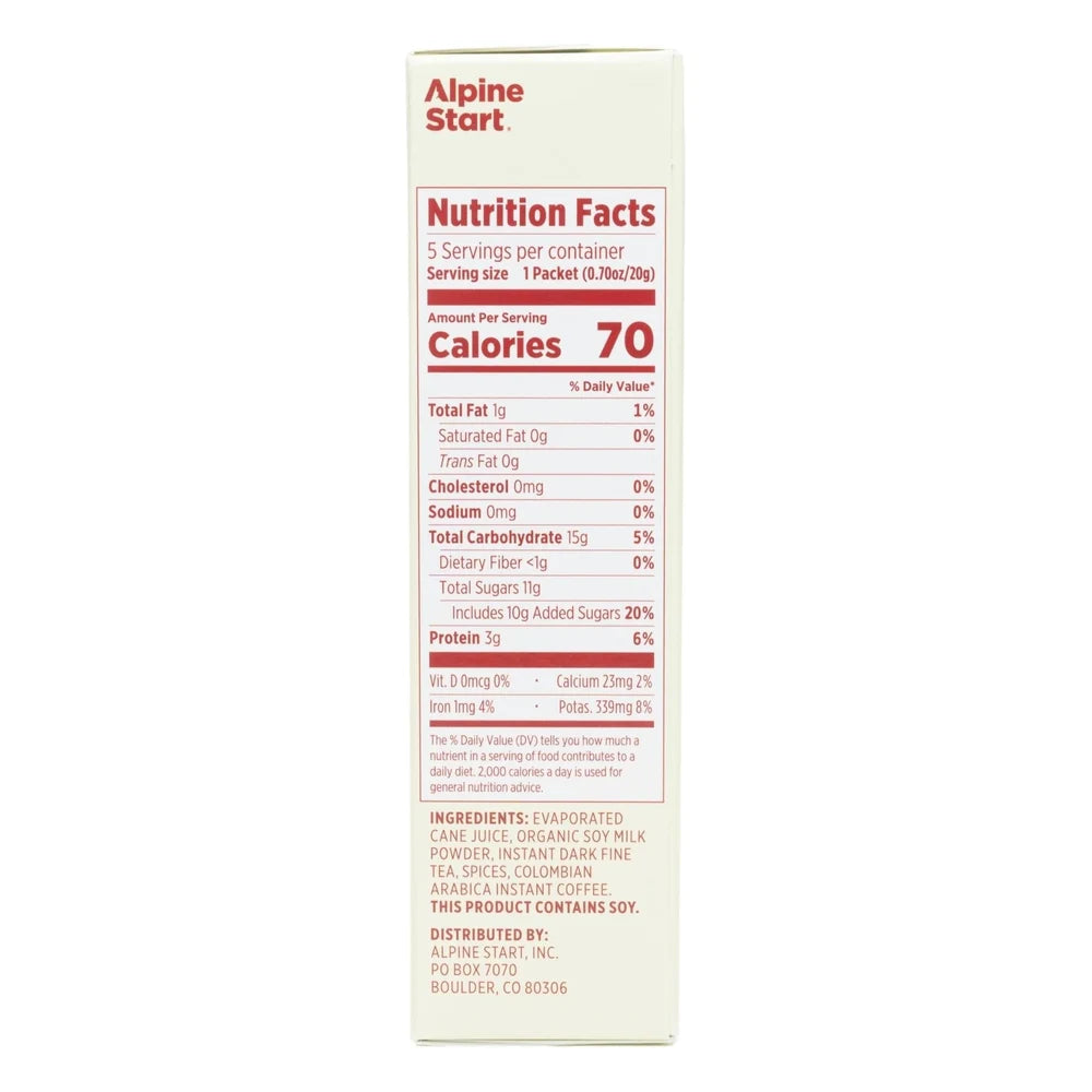 Alpine Start Dirty Chai Latte box side panel on white background showing Nutrition Facts label with 70 calories per serving, 5 servings per container, and ingredients including organic soy milk powder, instant dark tea, spices, and Colombian Arabica instant coffee