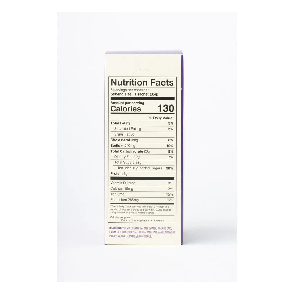 Alpine Start Hot Cocoa box side panel on white background showing Nutrition Facts label with 130 calories per serving, 5 servings per container, and full ingredients list including organic oat milk and cocoa