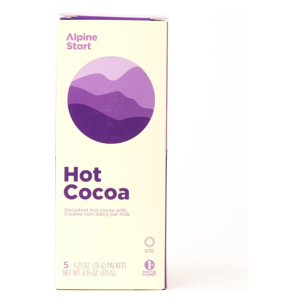 Alpine Start Hot Cocoa 5-packet box front on white background showing purple mountain landscape logo, Hot Cocoa in purple text, Decadent hot cocoa with creamy non-dairy oat milk description, Climate Neutral and 1% for the Planet certifications