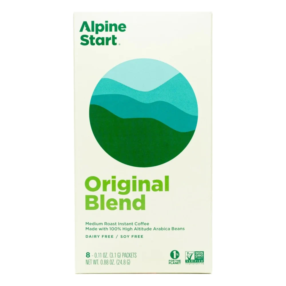 Alpine Start Original Blend Medium Roast Instant Coffee box front on white background, showing mountain landscape logo, 8-packet count, dairy free and soy free callouts, Non-GMO Verified and 1% for the Planet certifications