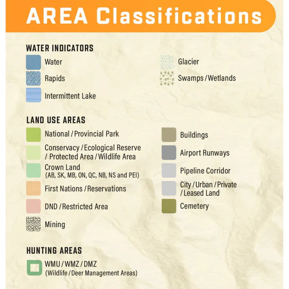 Backroad Maps Alberta GPS Maps area classifications legend showing water, wetlands, crown land, parks, reserves, private land, restricted areas and hunting zones.